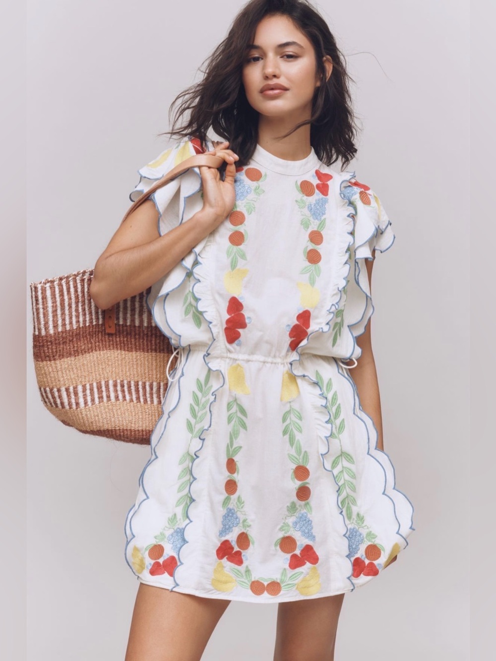 FARM Rio White Mini Dress with Red Yellow Green Blue Floral Embroidery
